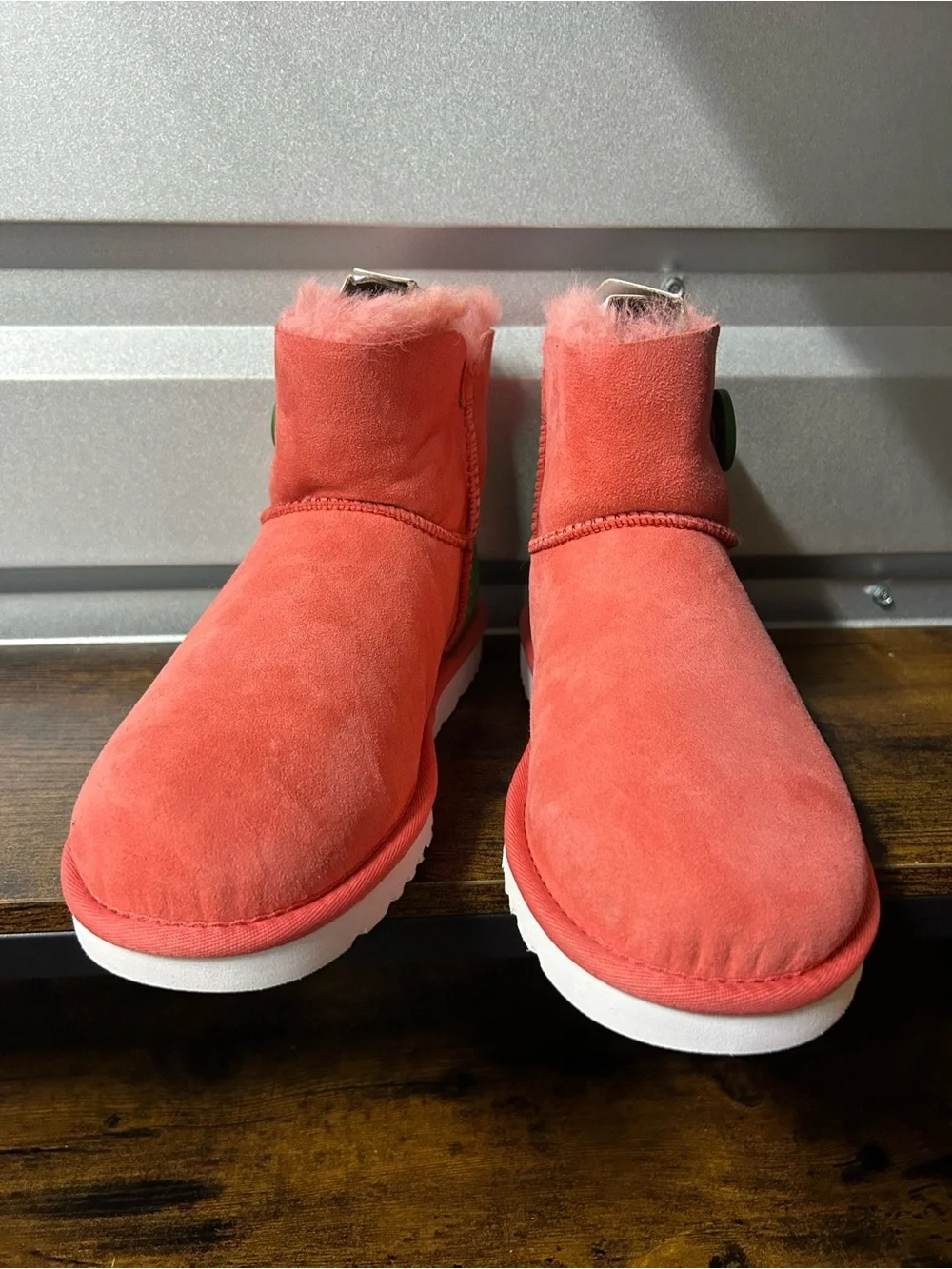UGG Australia Mini Bailey Button Neon Women’s Ankle Bootie Suede Orange/Green 7